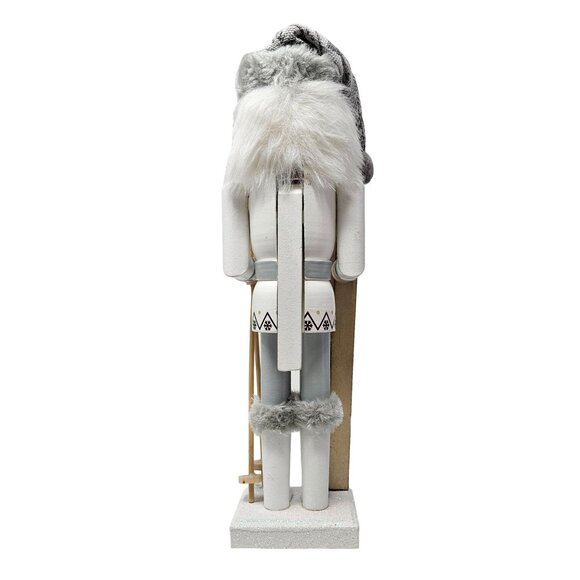 Male Skier with Noel Skis Gray Knit Hat, Ski Poles 14" Christmas Nutcracker - Picture 4 of 4